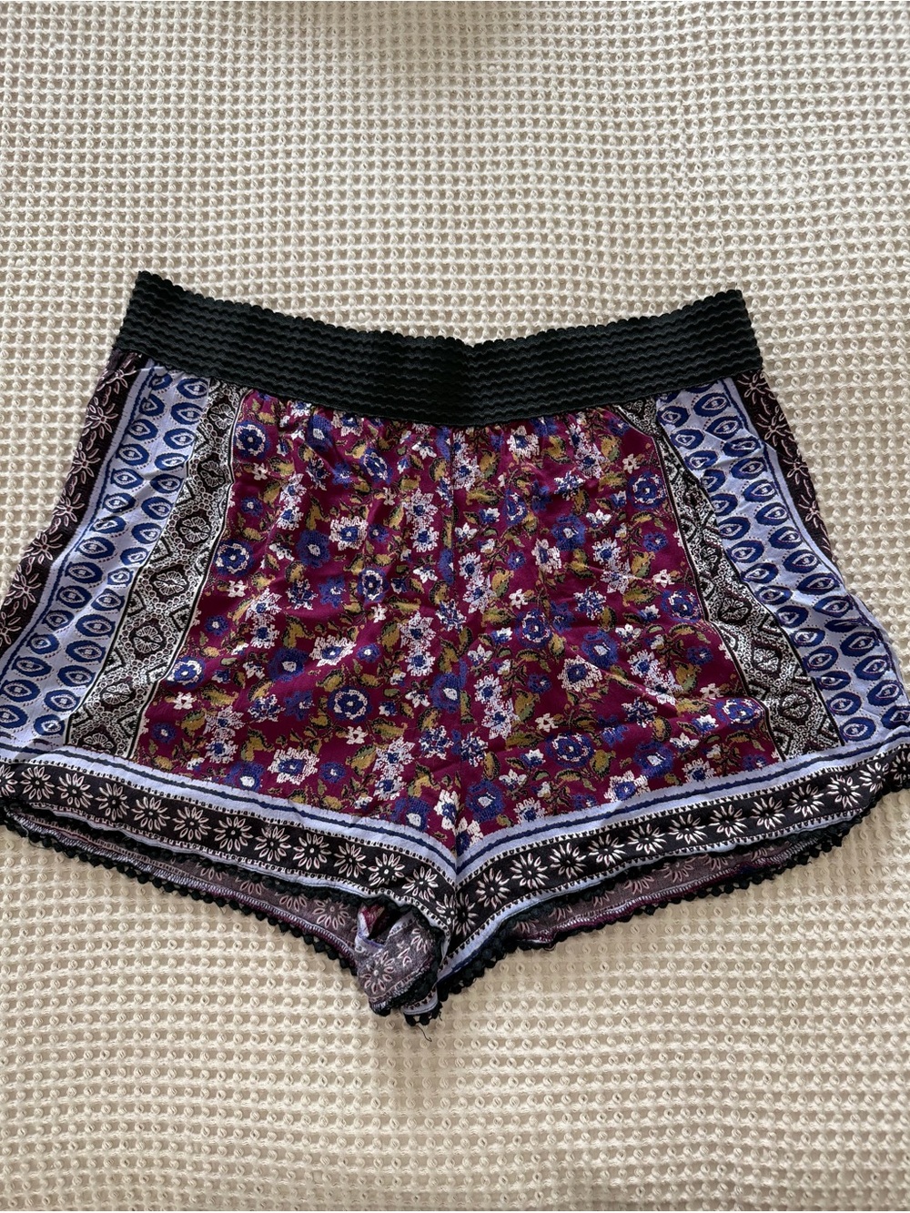 Angie Floral Border High-Waist Shorts - Burgundy & Blue